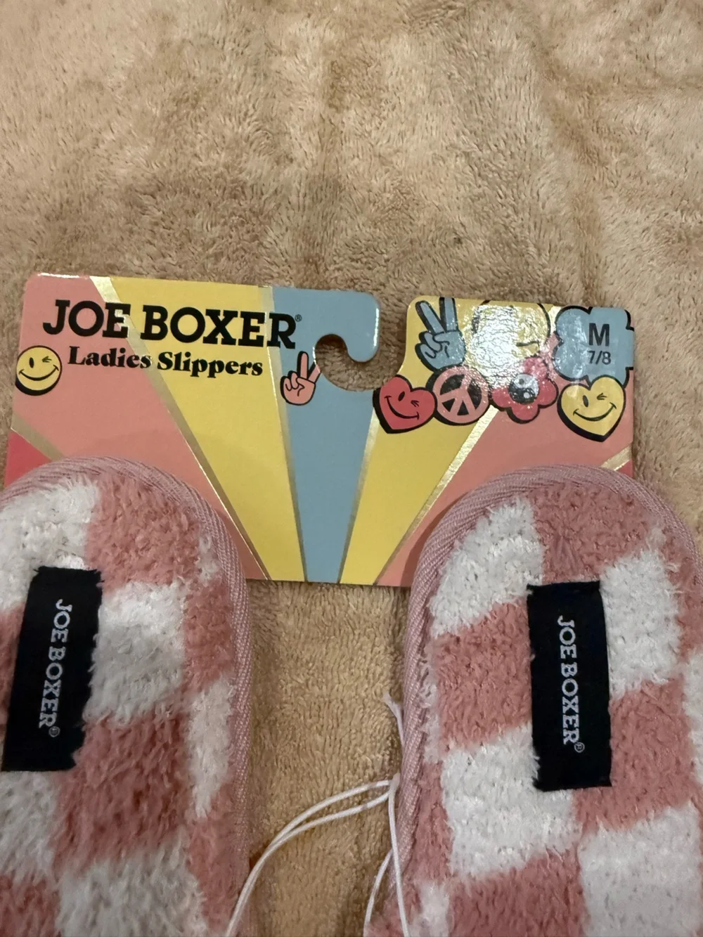 Joe Boxer Pink & White Check Plush Slide Slippers with Smiley Face